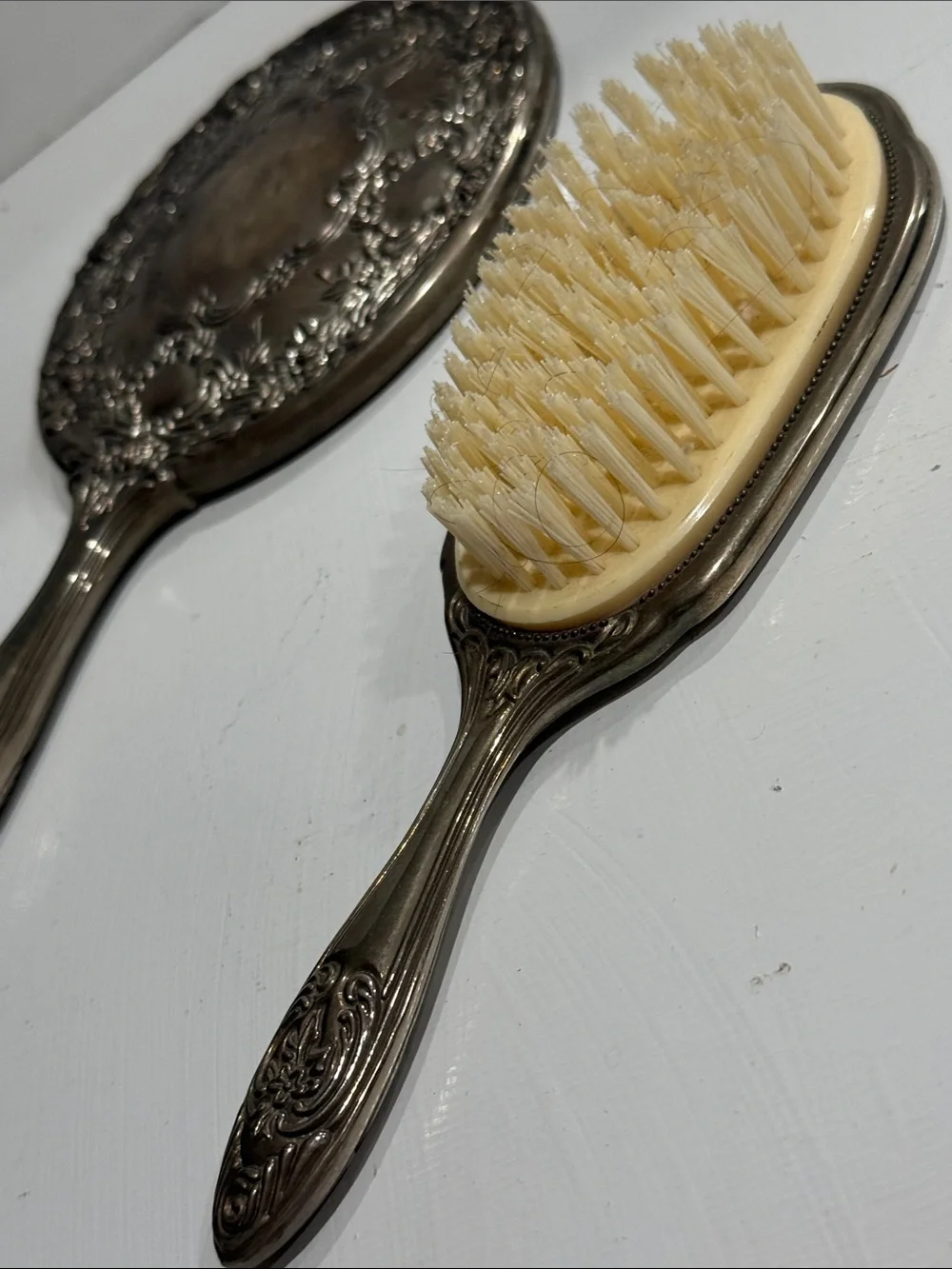 Silver Plated Vanity Dresser Set Hand Mirror, Cream Brush & Comb